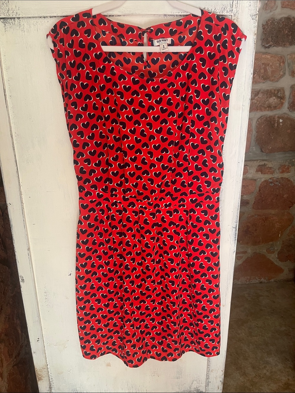 Old Navy Red Dress with Black Heart Print, Cap Sleeves